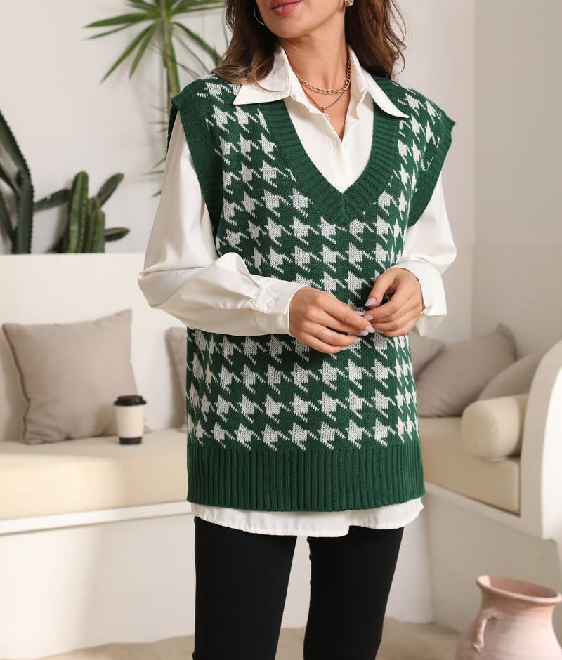 Sunfaynis Women's V Neck Houndstooth Sweater Vest Sleeveless Loose Pullover Sweater2