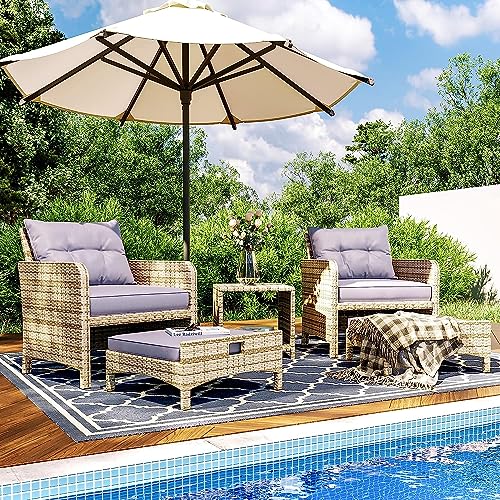 Pamapic 5 Pieces Wicker Patio Furniture Set Outdoor Patio Chairs with Ottomans Conversation Furniture with coffetable for Poolside Garden Balcony(Purple Cushion + Grey Ratten)