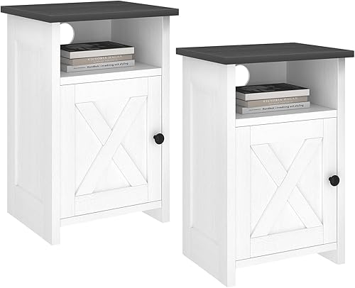 Miniatura 7 de Juego de 2 mesas auxiliares de granja, mesitas de noche con puerta de granero y estante de almacenamiento, mesa auxiliar de cama blanca rústica para