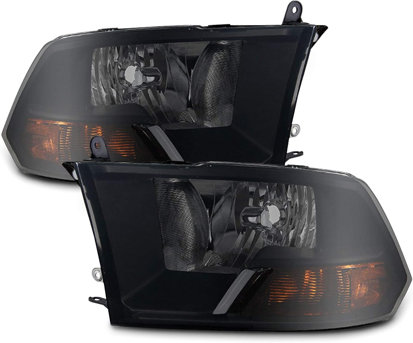 AKKON - Fits 2009-2018 Ram 1500 2010-2018 Ram 2500/3500 Black Smoked Headlights + [C-Light Bar] LED Blk Tail Brake Lights Pair