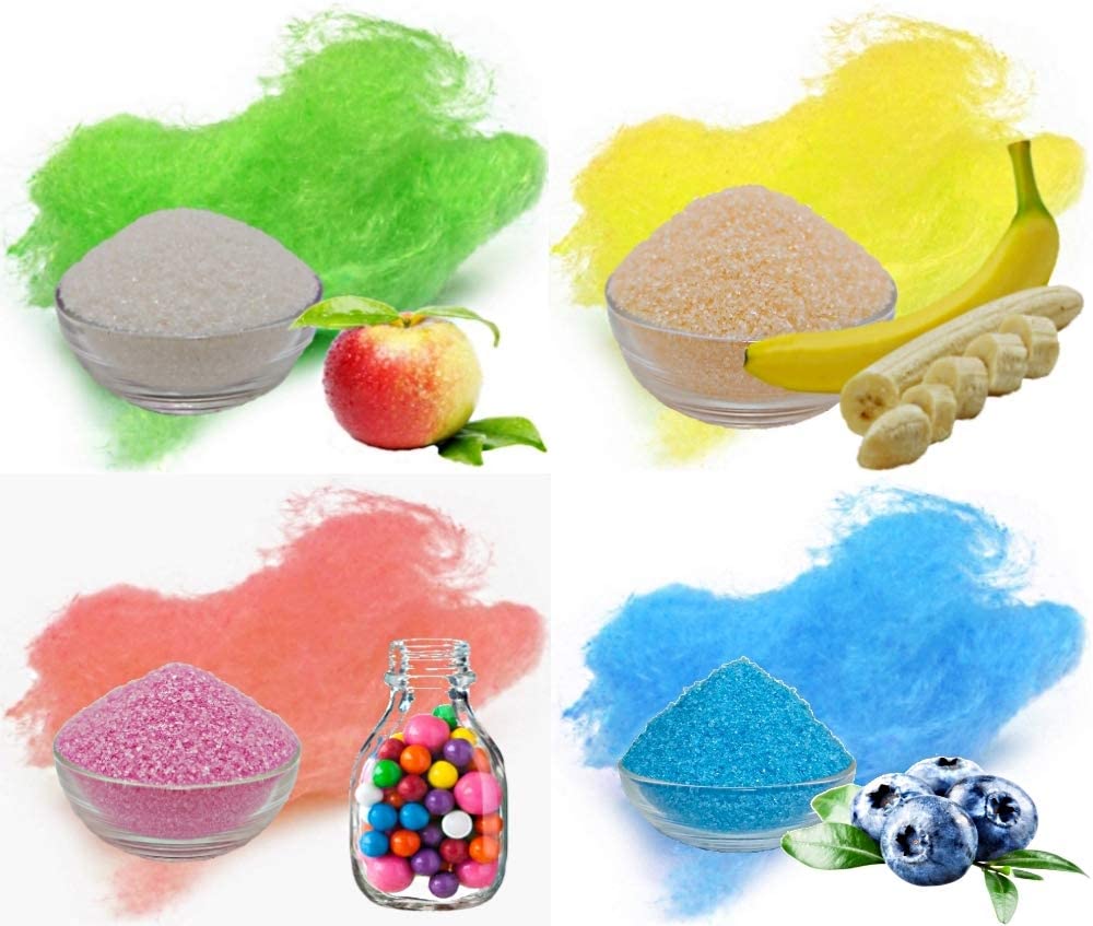 4x 1kg = 4 Kg Aromazucker Set mit Geschmack Apfel Banane Bubble Gum Blaubeere farbiger Zucker für Zuckerwatte