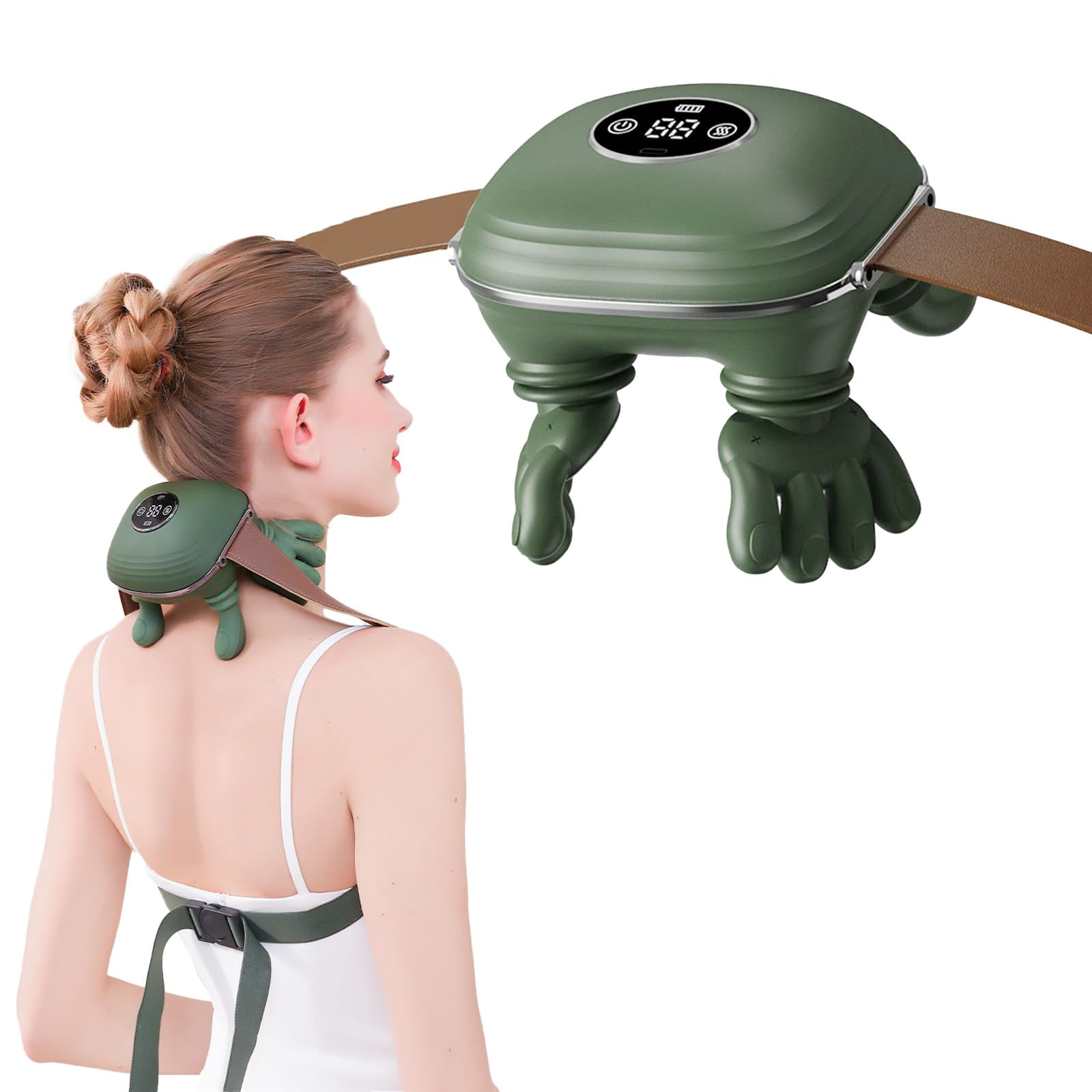 Masajeador de Cuello 4D Inalambrico, Masajeador Cervical y Espalda con Calor, Masajeador Cuello Eléctrico a Mano Biónica con 3 Niveles de Intensidad, para Relajar Músculos, Verde