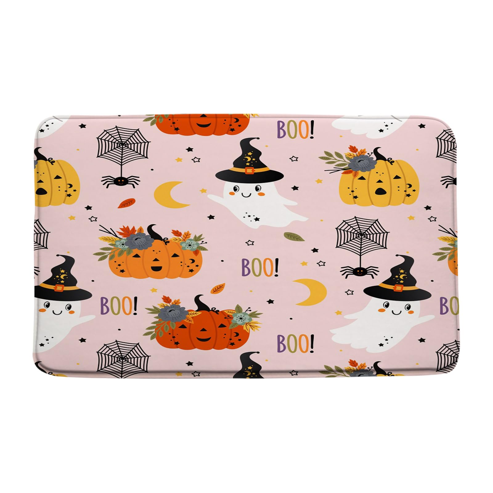 Halloween Ghost Bath Mat Cartoon Cute Ghost Witch Boho Pumpkin Flowers Spider Web Moon Funny Holiday Pink Bathroom