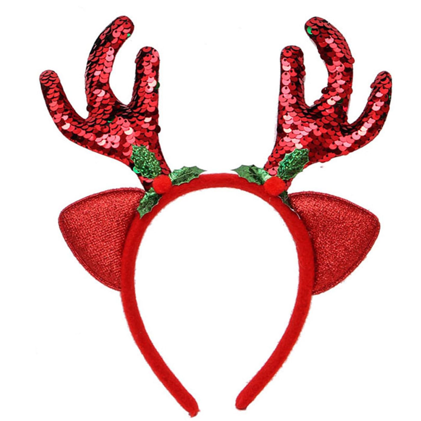 nafengldf Sequined Reindeer Headband for Women & Girls -Christmas headband- Glitter Christmas Antler Headpiece with Floral Decor for Xmas Party Cosplay Festive Hair Accessories (Red 1 PC)