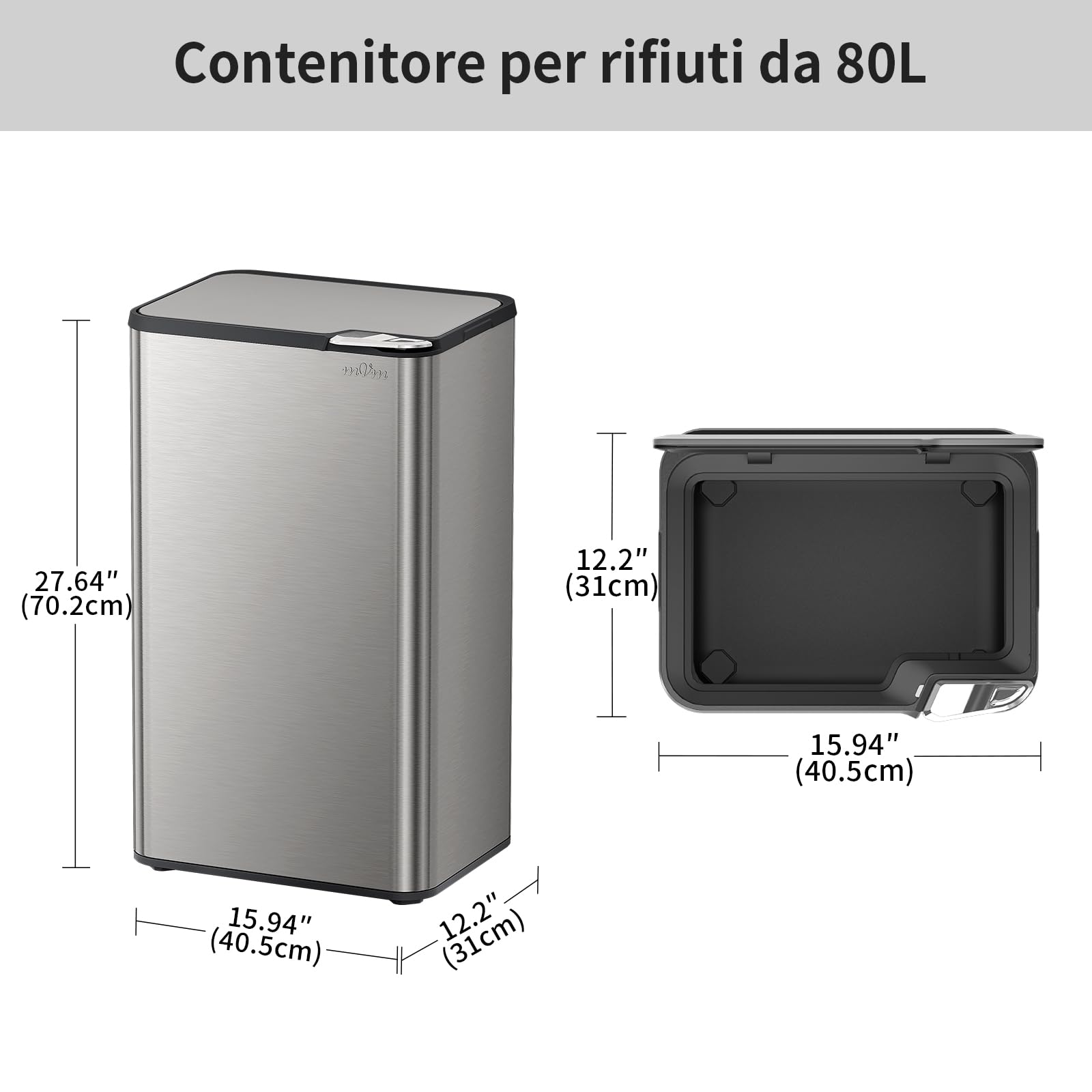 mVm Pattumiera da Cucina a Pressione Manuale 80 L, Cestino della Spazzatura Nero in Acciaio Inossidabile Antimpronte, Chiusura Ammortizzata