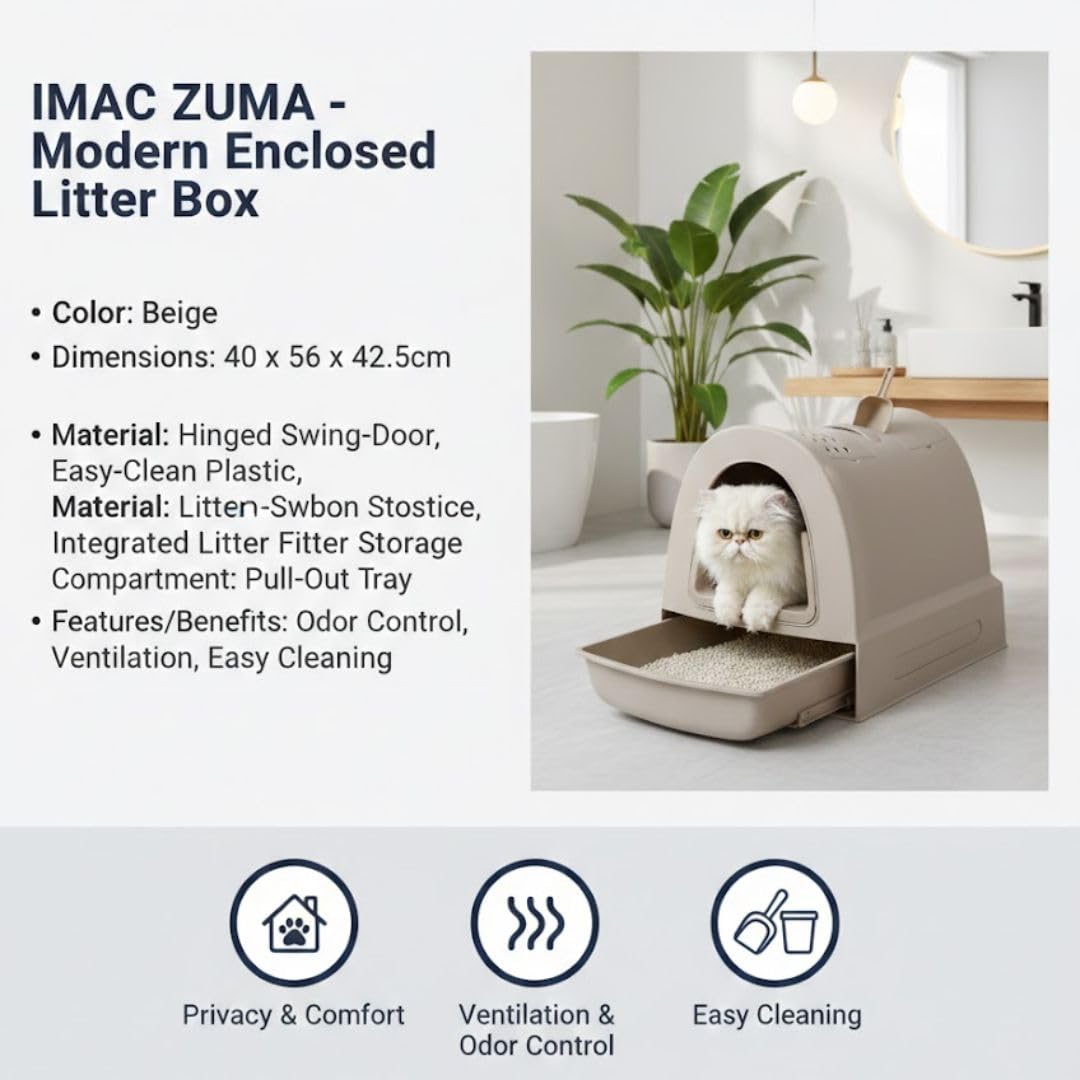 IMAC - Arenero Cubierto Zuma para Gato, 40 x 42,5 x 56 cm, Gris, Bandeja Sanitaria con Filtro de Carbón, Higiene y Confort Garantizado