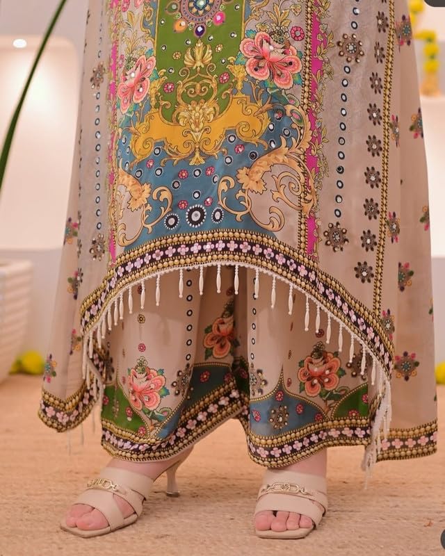 Image of Multicolor Printed Kurti Palazzo Set with Dupatta | Viscose Muslin Fabric Ethnic Suit | Soft Breathable Straight Kurta Palazzo Set Festive, Casual Office Wear Traditional Outfit
