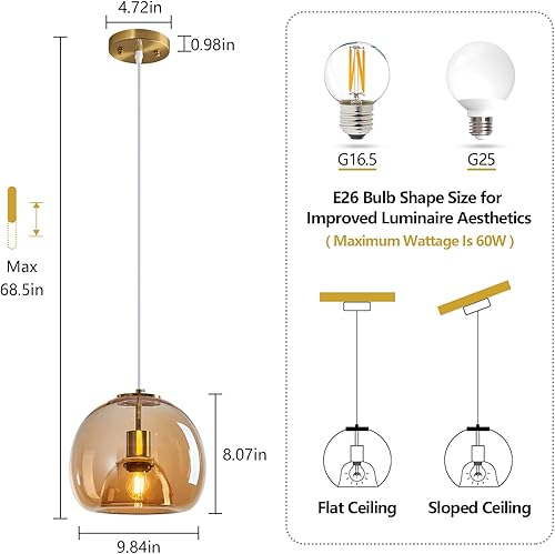 Miniatura 2 de Luces colgantes de vidrio ámbar, para isla de cocina, lámpara colgante dorada, lámpara colgante de globo de vidrio, iluminación colgante moderna