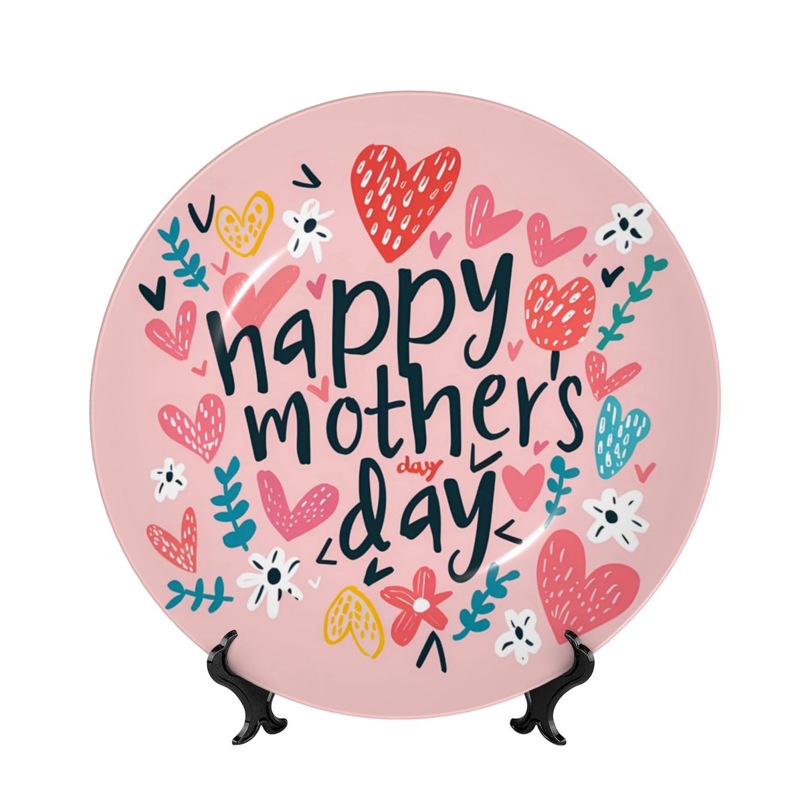 Red Love Mom Ceramic Decorative Plates with Display Stand Mother's Day. Home Porcelain Memorial Plate 6in for Living Room Kitchen Table Decor