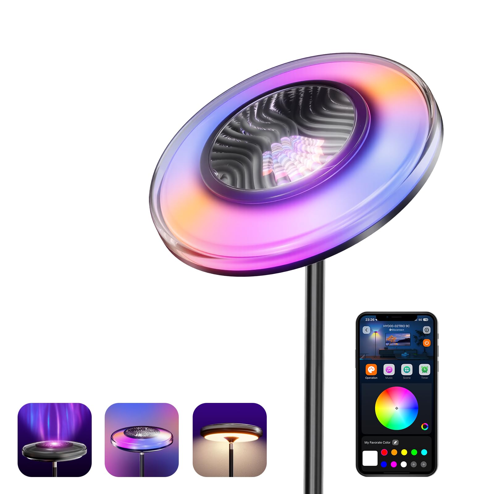 smart floor lamp for living room, rgb+ww ripple projector, led corner floor light, dimmable tall standing lamp with app control, color changing mood light & eye-care reading lamp for bedroom