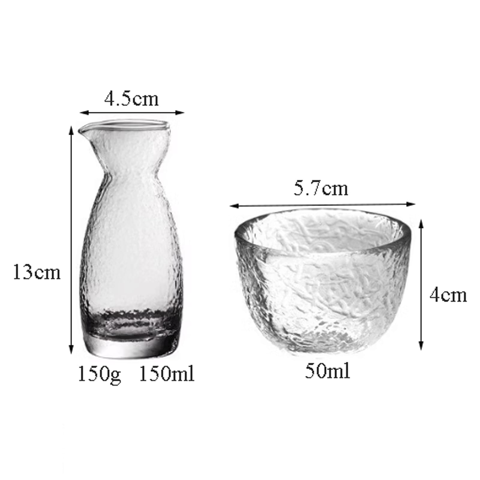 Ensemble de Tasses à saké en Verre, Tasses Transparentes Faites à la Main, Ensemble de saké en Verre Mat martelé, Un Pot, Quatre Verres à vin Tasse à saké