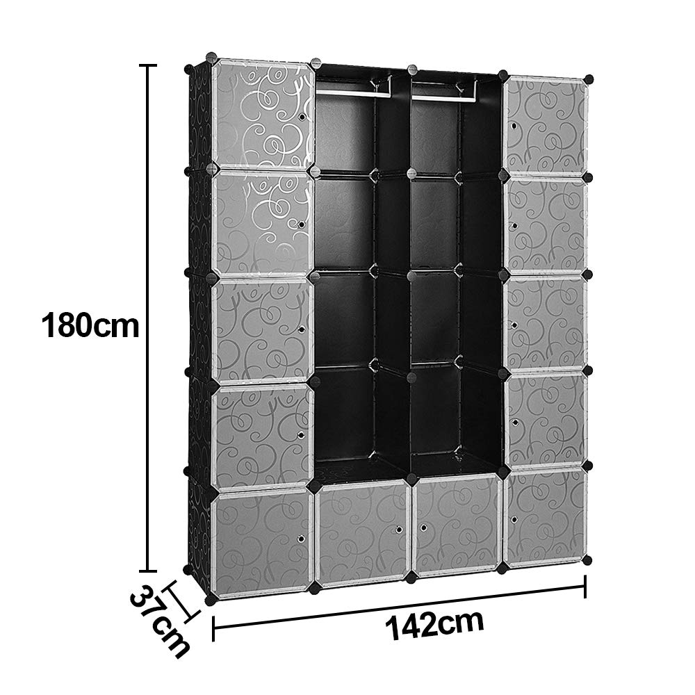 Eulenke Armadio a cubi in plastica: Sistema di 20 cubi resistenti, 2 asta per abiti, 12 porte e guardaroba. Capacità di 10 kg per cubo. Montaggio facile, accessori inclusi.