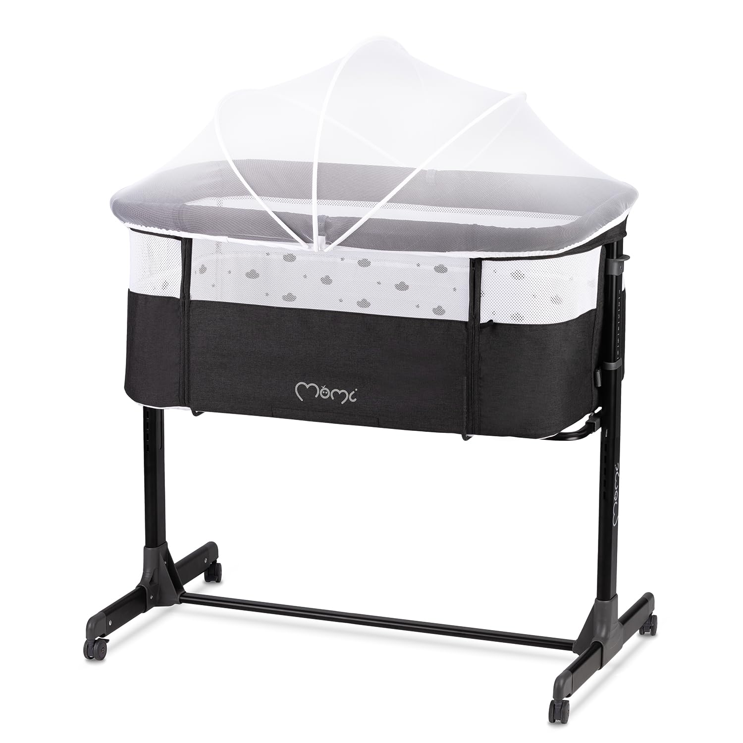Momi REVO Lettino multifunzionale, con regolazione dell'altezza su 6 livelli da 72 a 82 cm, con rotelle, materassino incluso, cinghie di fissaggio, zanzariera e barra giochi