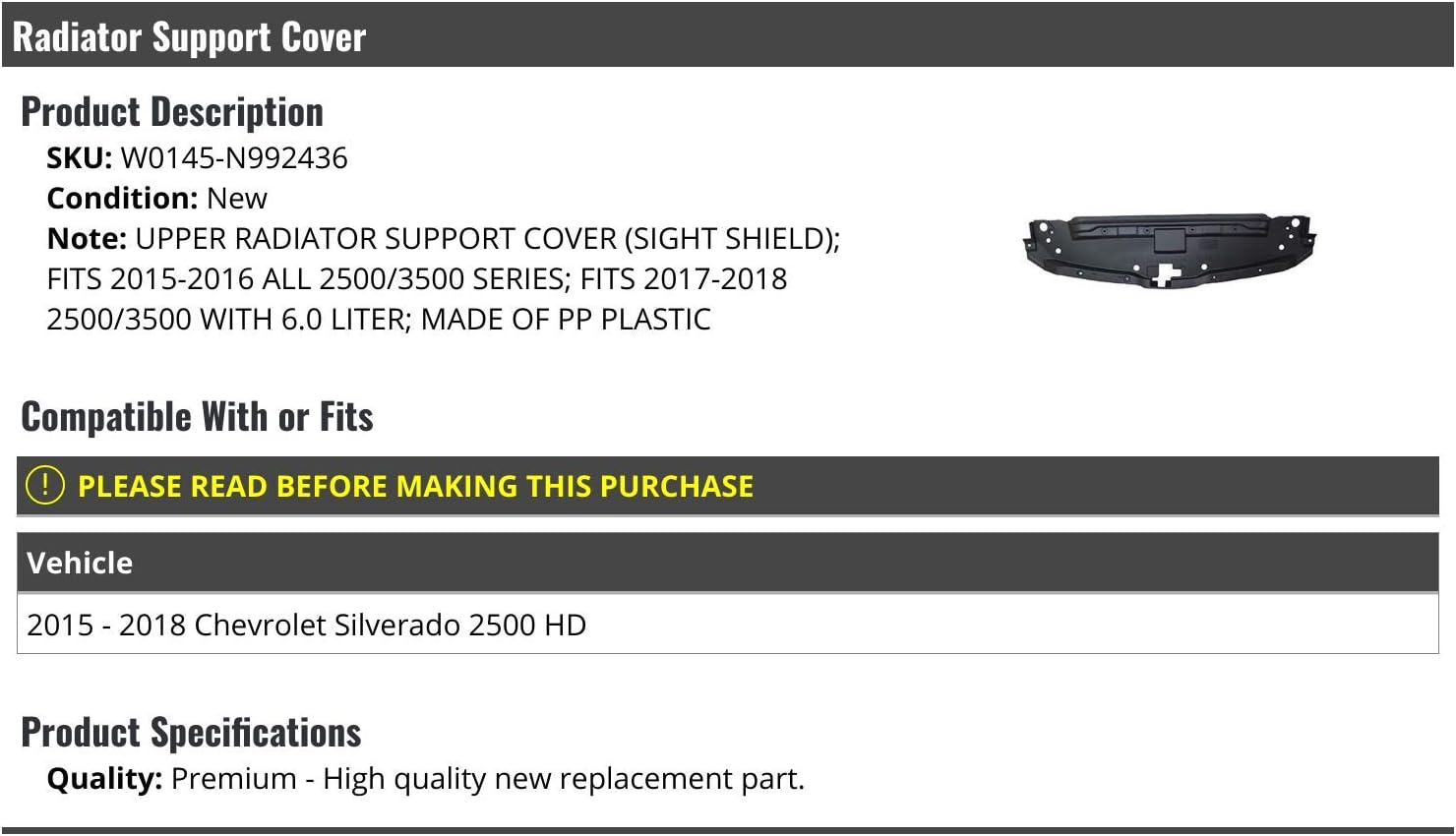 Upper Radiator Support Cover - Compatible with 2015-2018 Chevy Silverado 2500 HD 6.0L