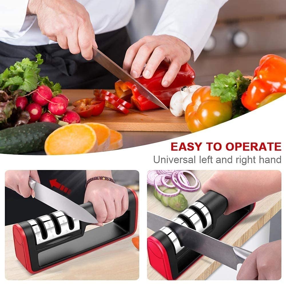Afilador de Cuchillos, 3 en 1 Ergonómico Antideslizante para afiladores de Cuchillos de Cocina Profesional, Varillas de Diamante, Placas de carburo de tungsteno, Piedra de cerámica