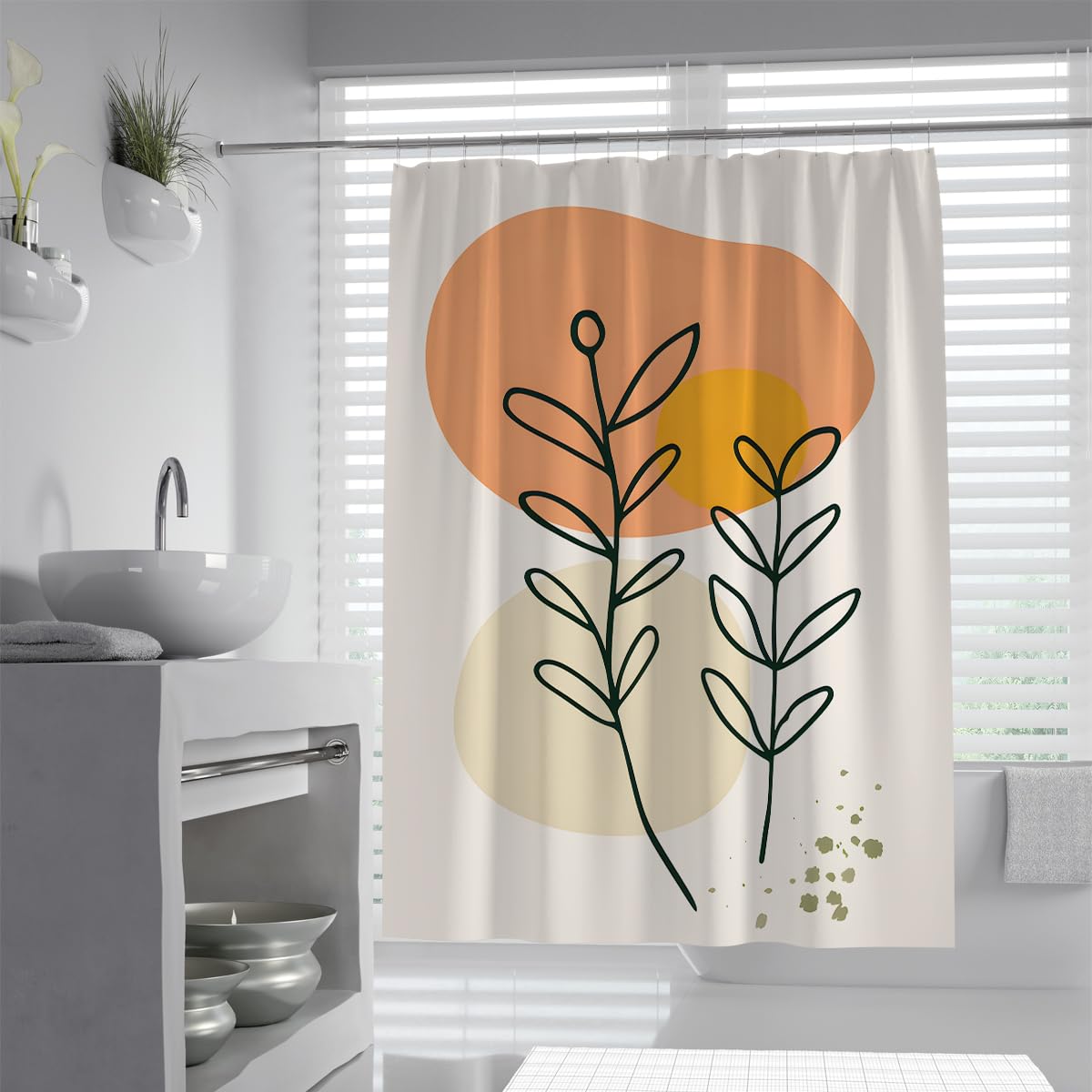 UIRINGART Boho Shower Curtain W100xL180cm Abstract Geometric Plant Branch and Round Block Pattern Quick Drying Polyester Fabric Home Hotel Bathroom Curtains
