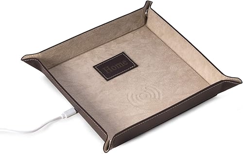 Miniatura 6 de Bey-Berk Bandeja de valet de cuero personalizada personalizada con cargador inalámbrico (marrón)