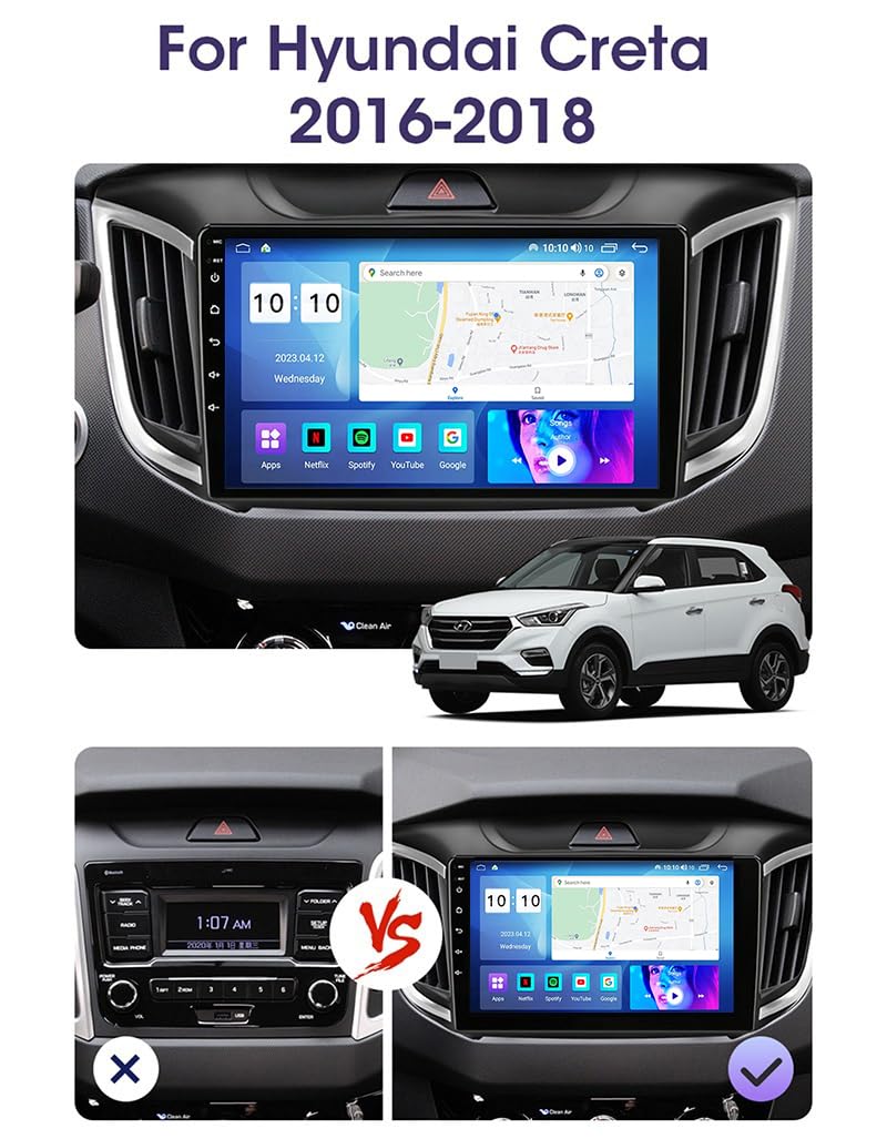 9" Ekran HD Android 10.0 Nawigacja Samochodowa GPS Android Dla Hyundai Creta 2016-2018, 2DIN Radio Samochodowe Stereo Odtwarzacz Multimedialny Z Nawigacj BT WiFi,4 Core Wifi 1G+32G