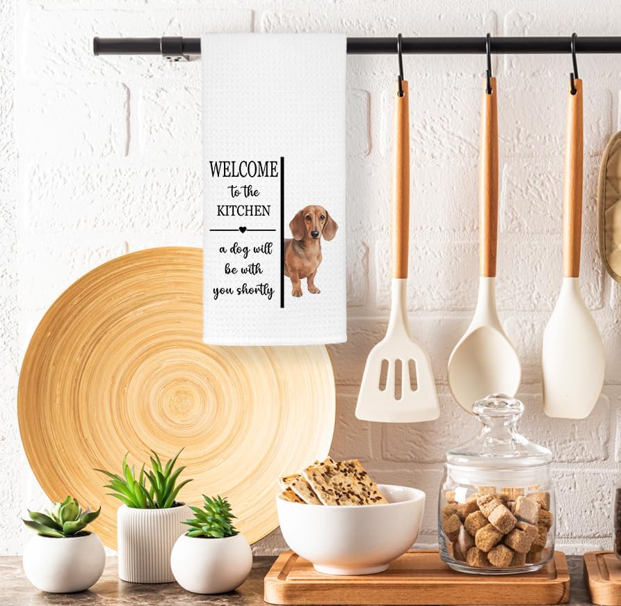 EXUQO Funny Kitchen Hand Towels Dishcloths for Dog Mom Dad Dachshund Lover Gifts,Welcome to The Kitchen a Dog Will Be with You Shortly,16x24 inch - Image 3