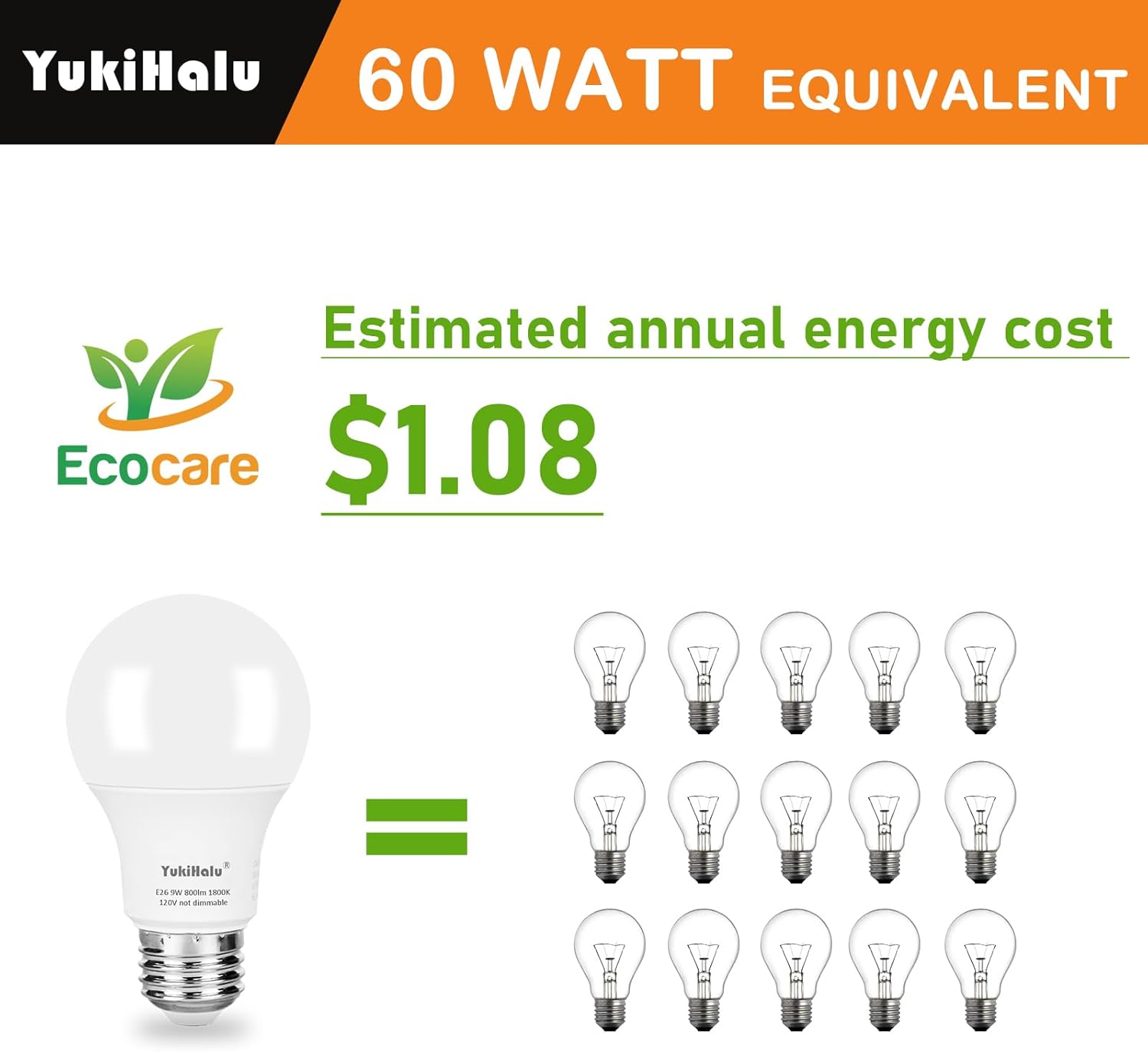 YukiHalu LED Amber Light Bulbs, A19 1800K E26 800Lm, 60W Equivalent Soft Warm Sleep Light Bulbs for Healthy Sleep, Baby Nursery Light, Bedroom Night Light, Not-Dim, 2-Pack