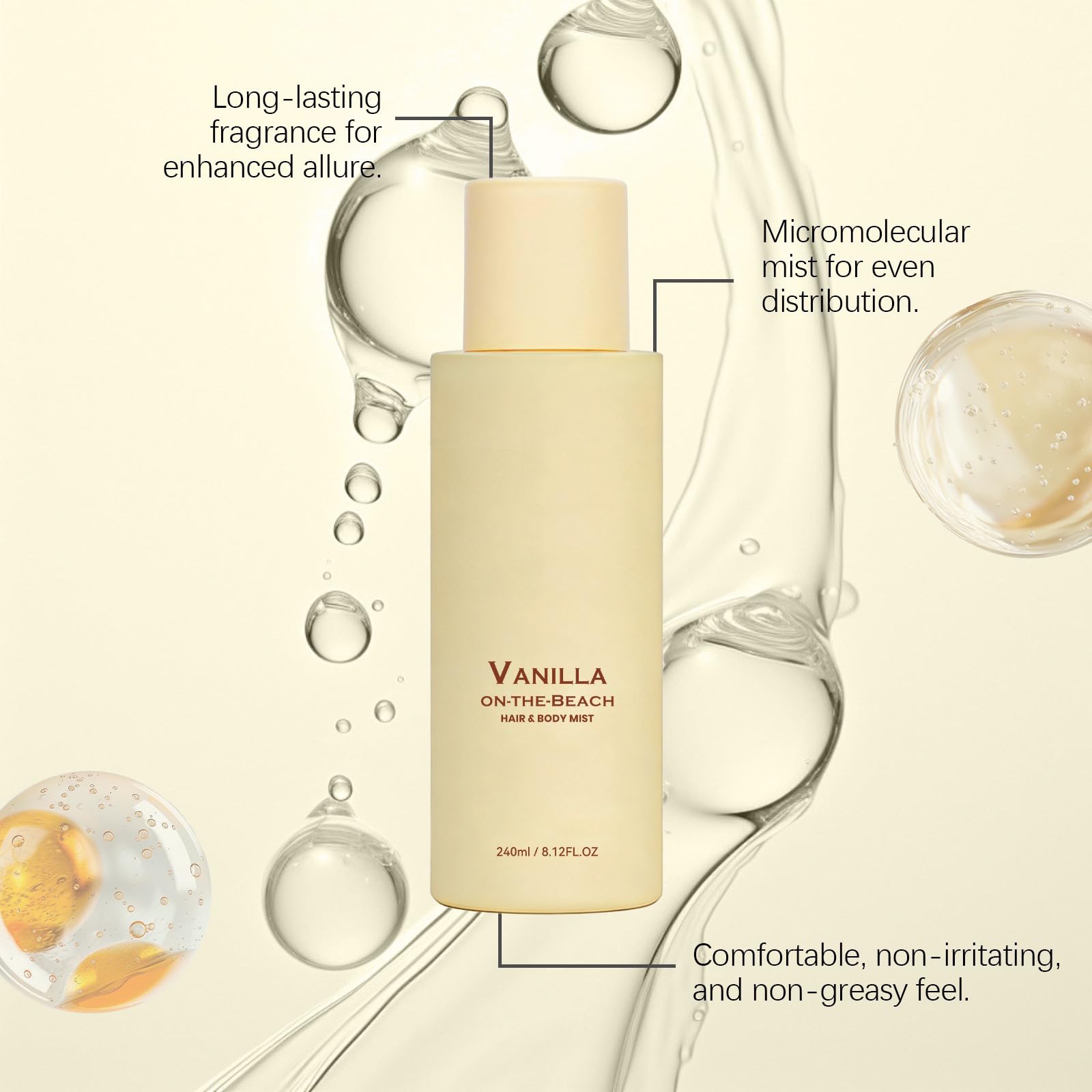 Vanilla On-The-Beach spray do włosów i ciała, waniliowy spray do ciała, długotrwały zapach, lekki i nieklejący, przenośny spray do ciała i pomieszczeń dla mężczyzn i kobiet, 240 ml (3)
