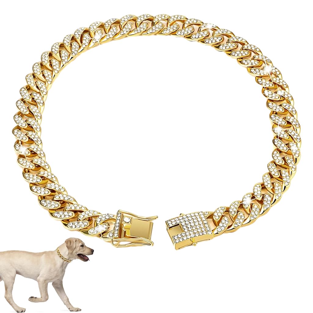 Qpets® Dog Golden Collar Chain for Fashion Rhinestone Shining Metal Chain Collar with Secure Clasp Fashion Cuba Collar Chain for Large Dogs, Doberman Pinscher, German Shepherd (60cm /23.6) (B0D2ZRLZQM) Amazon Price History, Amazon Price Tracker