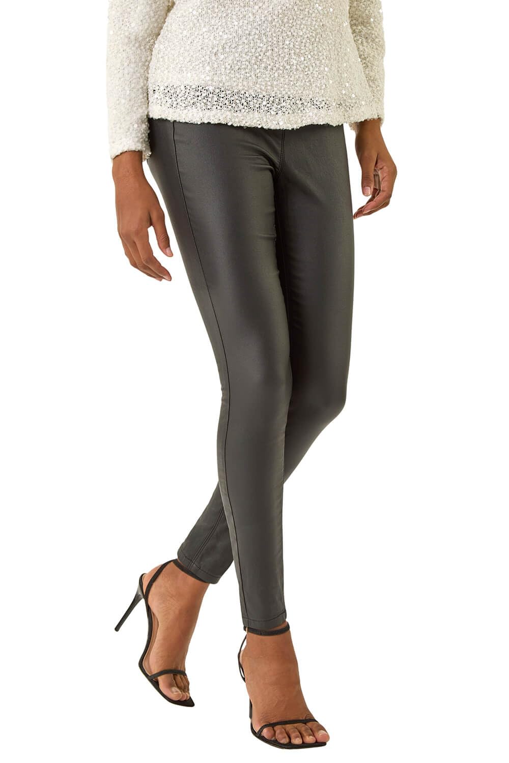 Roman Originals Women's Onyx Black Roman Faux Leather Trousers For Uk Mat Legging Jegging Pants High Waisted Pull On Waterproof Wet Latex Imitation Coated Stretchy Jeans Tight Slimming Pu - Size 18