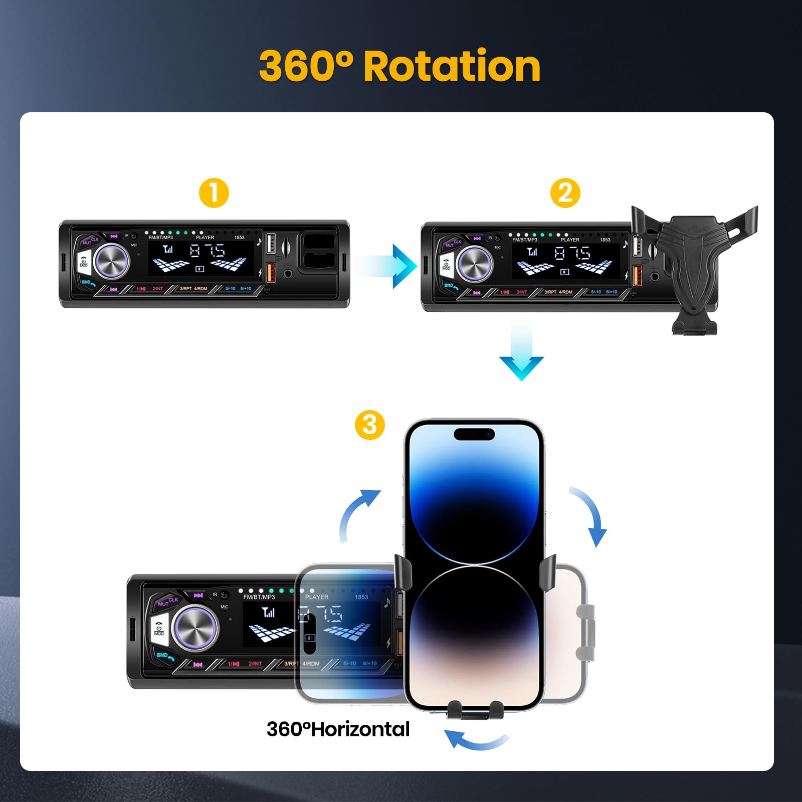 Hikity 1 Din Bluetooth 5.0 Autoradio mit Halterung für Mobiltelefon, 360 Grad Drehbar für Navi, Radio mit Bluetooth Freisprecheinrichtung 2 USB/Schnellaufladung/U Disk/FM/TF/AUX/4 * 45W