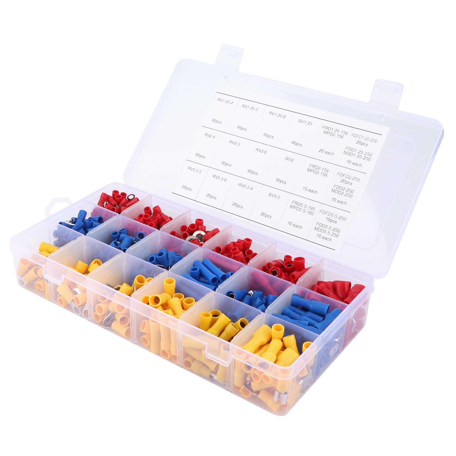 Kit de conectores de cables de 300 piezas y juego de herramientas de engarzado para uso automotriz y marino - 165 terminales aislados rojos, 115 azules y 20 amarillos - Conectores