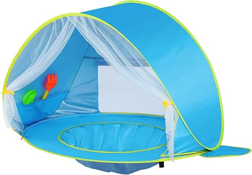 Monobeach Baby Beach Tent, Beach Canopy Sun Shelter UPF50+ UV Protection Baby Pool with Canopy, Easy Set Up Pop Up Baby Beach Shade Pool for Toddlers Outdoor Camping Pool Fun Front Mesh Blue