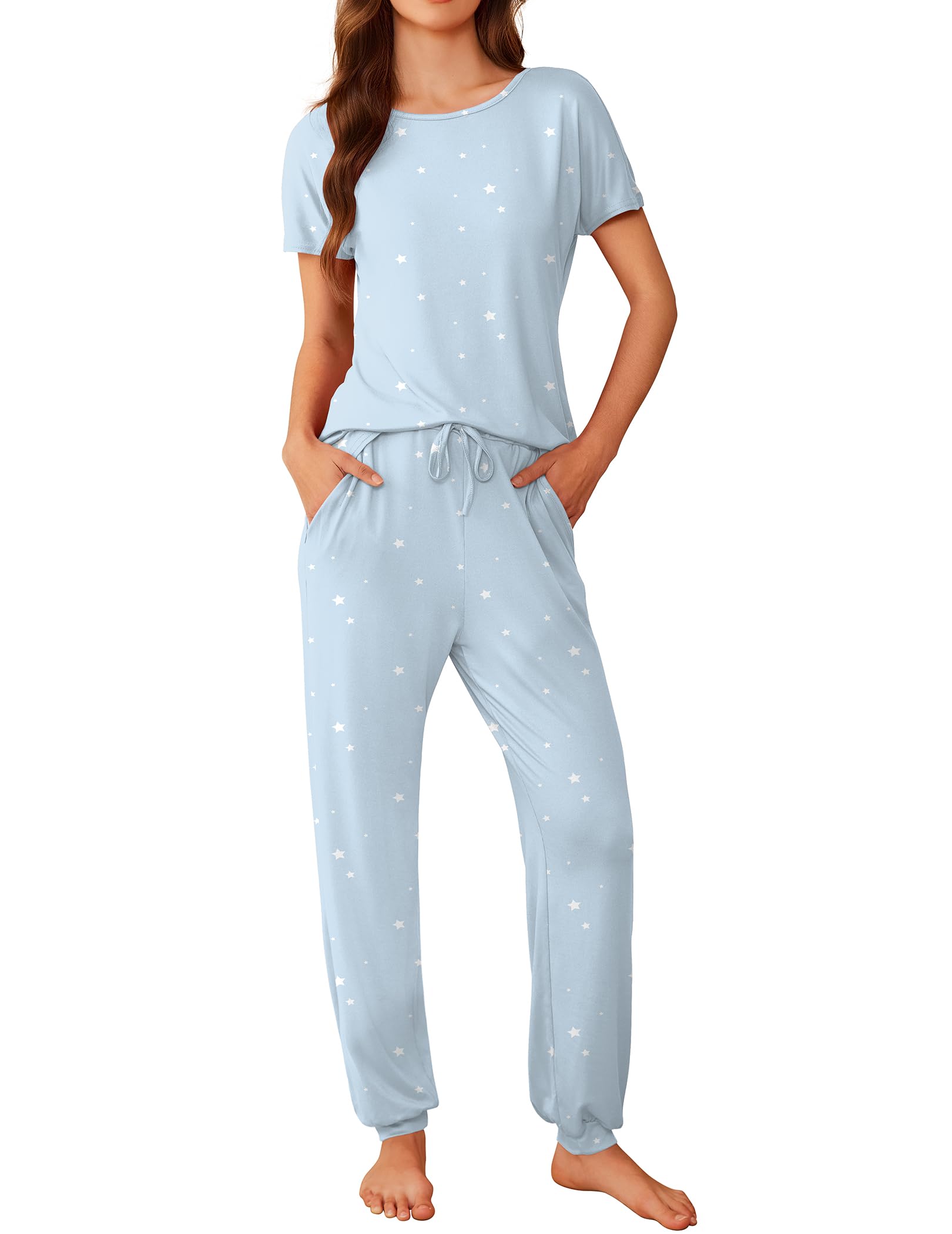 Ekouaer Schlafanzug Damen Kurzarm Süß Print Pyjama Set Sommer Sleepwear Zweiteiliger Nachtwäsche mit Taschen
