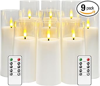 Flickering Flameless Candles Battery Operated with Remote and 2/4/6/8 H Timer Plexiglass Led Pillar Candles Pack of 9 (D2.3"xH 6"7"8")with Realistic Moving Wick Candles for Home Decor(White)