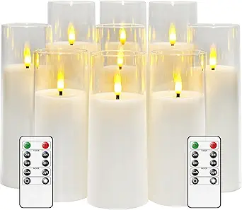 Flickering Flameless Candles Battery Operated with Remote and 2/4/6/8 H Timer Plexiglass Led Pillar Candles Pack of 9 (D2.3"xH 6"7"8")with Realistic Moving Wick Candles for Home Decor(White)