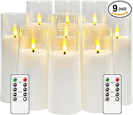 Flickering Flameless Candles Battery Operated with Remote and 2/4/6/8 H Timer Plexiglass Led Pillar Candles Pack of 9 (D2.3"xH 6"7"8")with Realistic Moving Wick Candles for Home Decor(White)