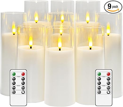 Flickering Flameless Candles Battery Operated with Remote and 2/4/6/8 H Timer Plexiglass Led Pillar Candles Pack of 9 (D2.3"xH 6"7"8")with Realistic Moving Wick Candles for Home Decor(White)