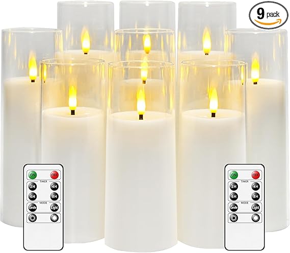 Flickering Flameless Candles Battery Operated with Remote and 2/4/6/8 H Timer Plexiglass Led Pillar Candles Pack of 9 (D2.3"xH 6"7"8")with Realistic Moving Wick Candles for Home Decor(White)