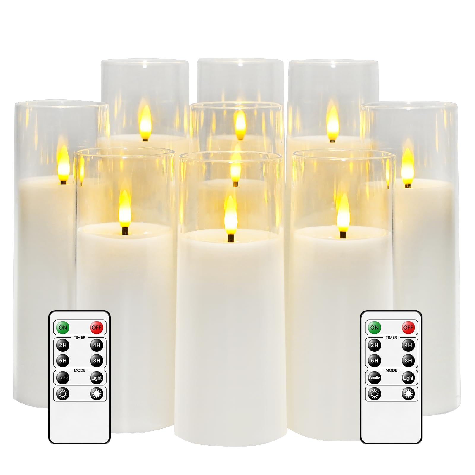 kakoya Flickering Flameless Candles Battery Operated with Remote and 2/4/6/8 H Timer Plexiglass Led Pillar Candles Pack of 9 (D2.3"xH 6"7"8")with Realistic Moving Wick Candles for Home Decor(White)kakoya Flickering Flameless Candles Battery Operated…