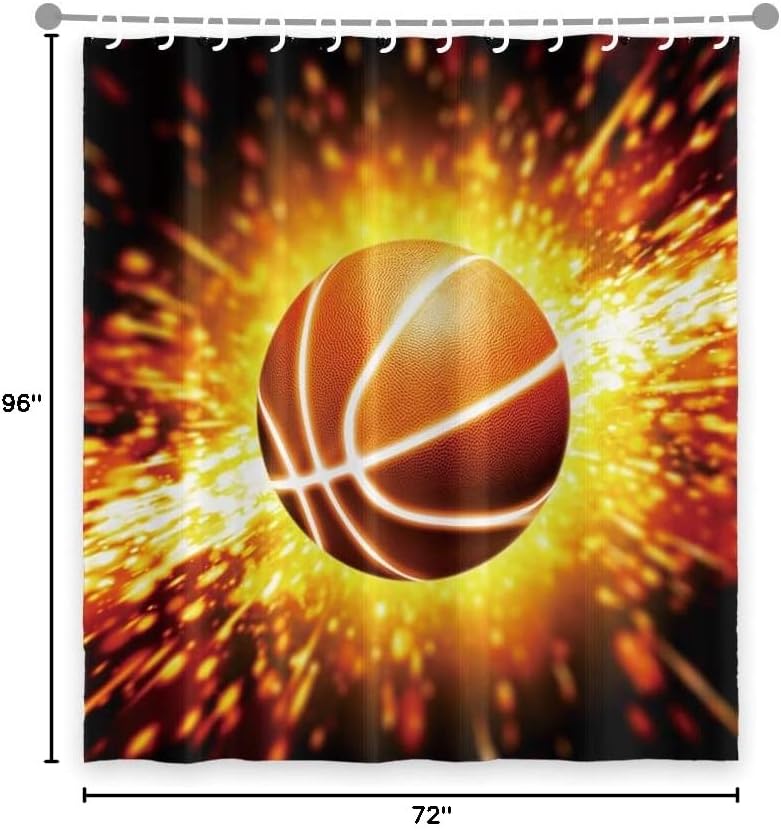 OERJU 72x96inch Golden Fire Flame Splashing Basketball Boys Shower Curtain Sets Kids Bathroom Sports Decor Collection Waterproof Fabric Bathtub Shower Curtain Liner Machine Washable with Hooks