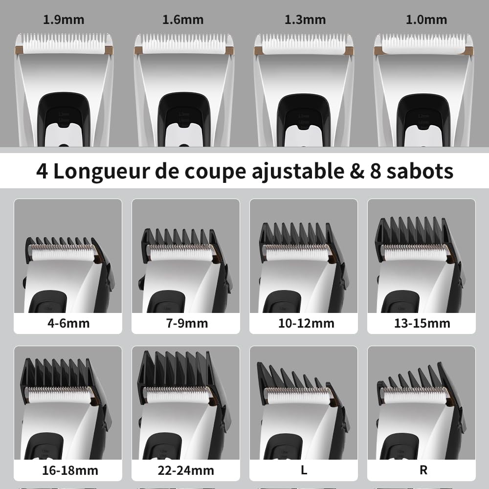 Tondeuse Cheveux Hommes sans Fil Professionnelle Tondeuse à Cheveux Électrique Lame en Céramique et Titane Réglable avec 8 Sabots