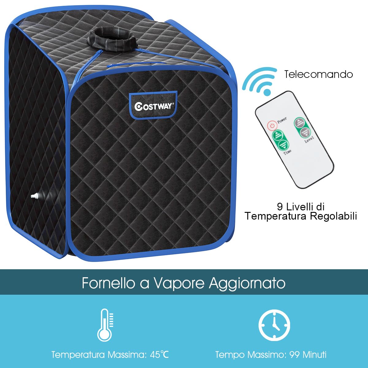 COSTWAY Cabina Sauna a Vapore, Sauna da Casa Portatile con Telecomando, 9 Livelli di Temperatura, Timer 99 Minuti e Sedia Pieghevole, Spa Personale per Casa (Nero)