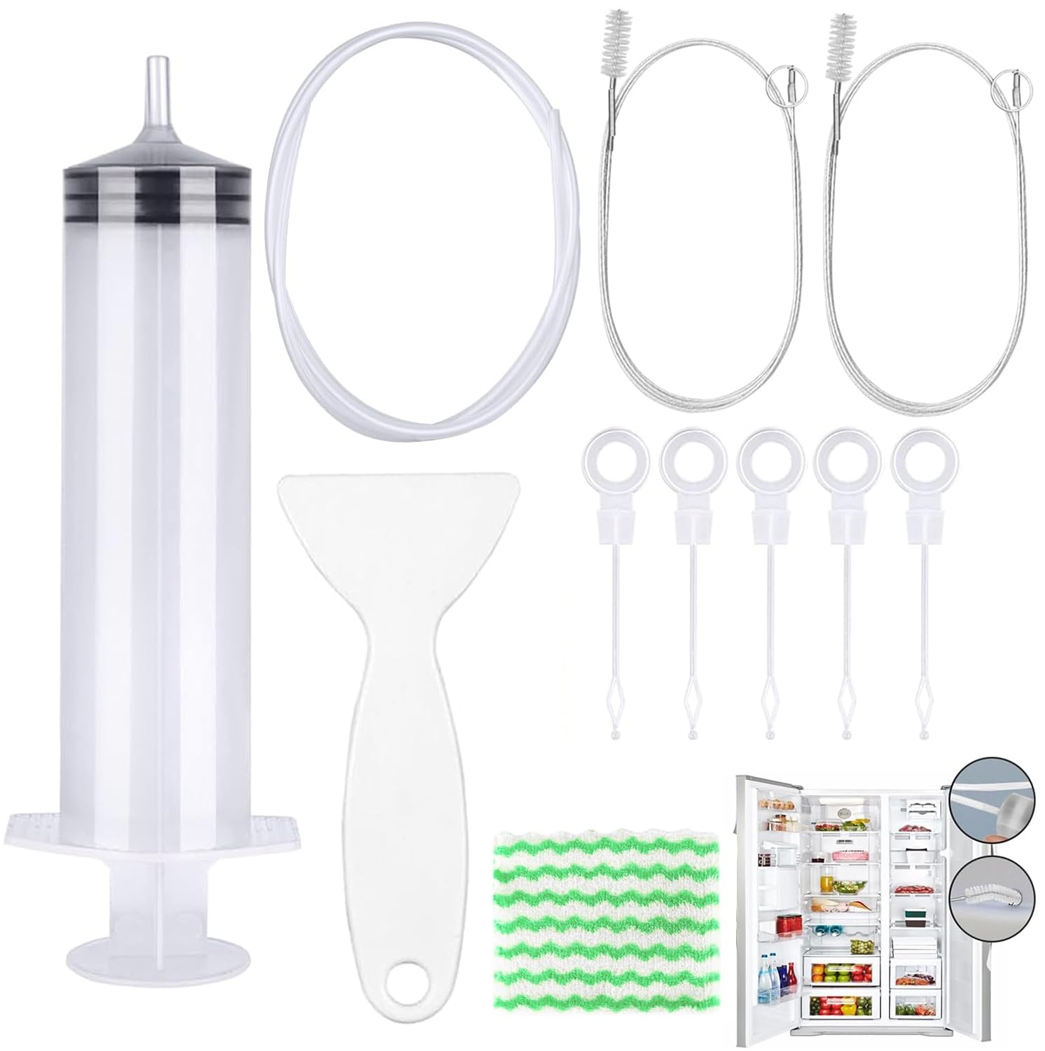 11 Piezas Kit De Limpieza De Refrigerador, Reutilizable Cepillo De Limpieza para Frigorífico, Cepillo De Limpieza para Frigorífico con Jeringa, Manguera, Pala De Descongelación, Tapones