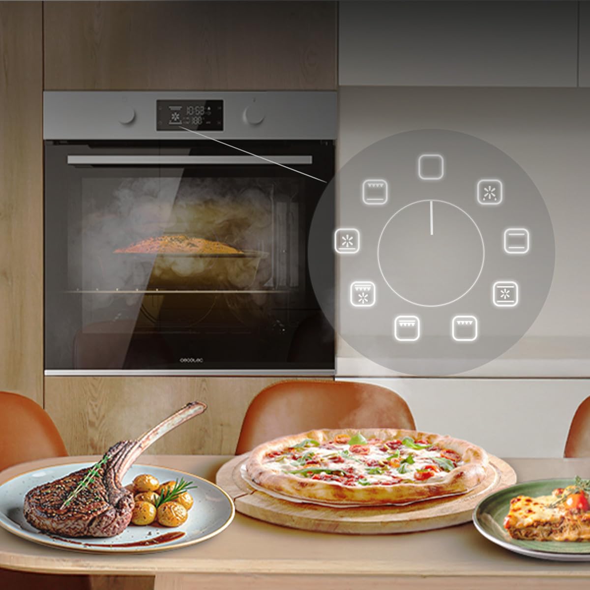 Cecotec Forno da Incasso Multifunzione Pirolitico Bolero Hexa P526000 Line A. 2800W, 73L, 9 funzioni: Defrost, Convenzionale, Grill, Pirolisi. Display Touch, Cooling Fan, Porta Vetro, Classe A