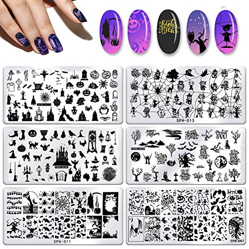 Halloween Nail Stamping Plate, 6 Pieces Nail Art Stamp Sellos Para Uñas with Halloween Pumpkin Ghost Skull Bat Templates Ideal for Halloween DIY Print Manicure Salon Design