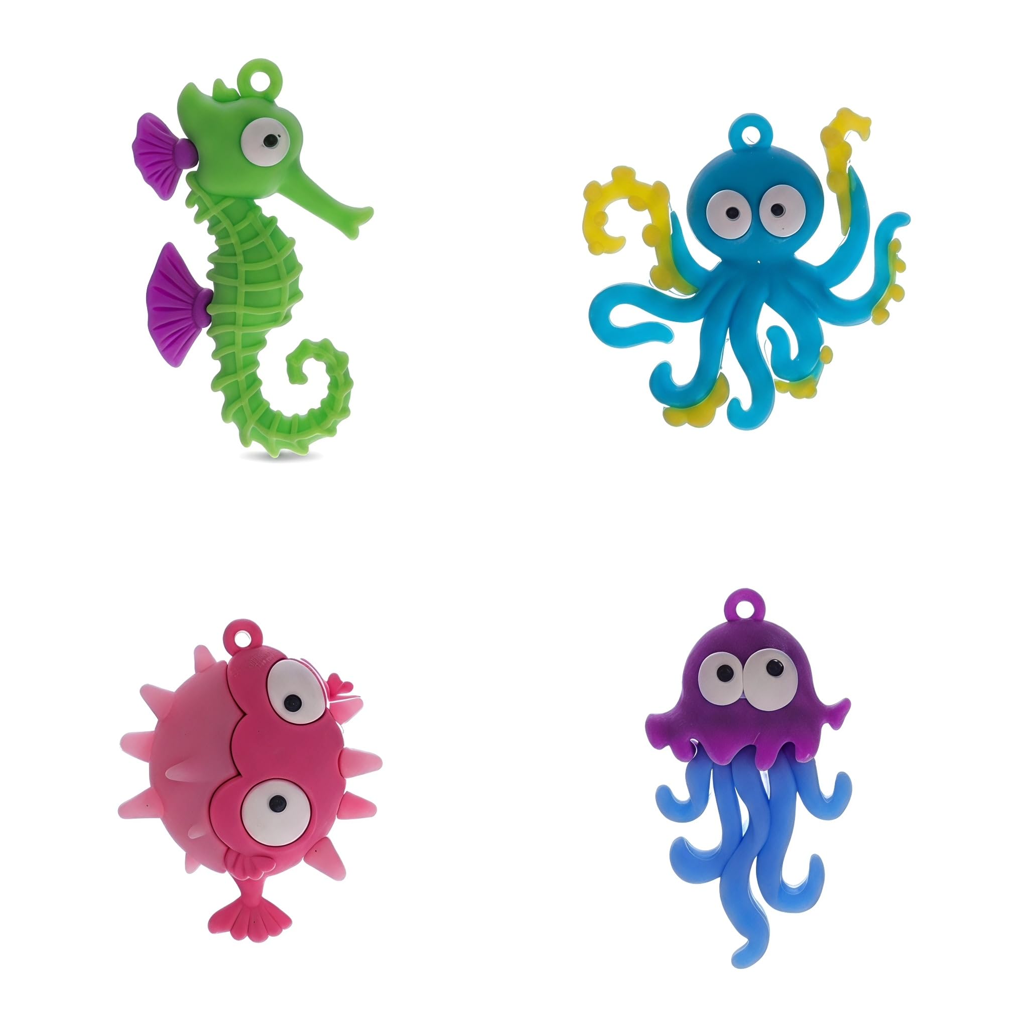 Satiskid 4Pcs Cute Sea Creature Aquarium Floating Ornaments, Soft Silicone Fish Tank Decor Charms with Transparent Float Ball & String, Seahorse Octopus Puffer Jellyfish Fish Tank Decorations
