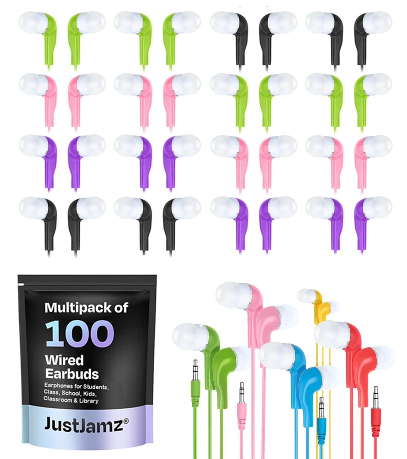 JustJamz Bulk Earbuds – 100 Pack Colorful Wired Ear Buds Bulk for Classroom, Schools, and Students – Disposable Headphones with 3.5mm Jack, Economy