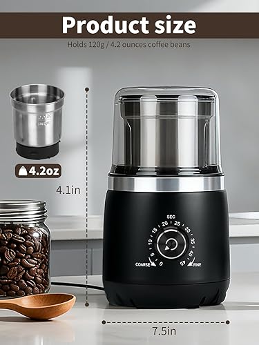 Miniatura 3 de Molinillo de café eléctrico con cuchillas silenciosas y perilla de temporizador para ajustar de grueso a fino, molinillo de café expreso con cuenco