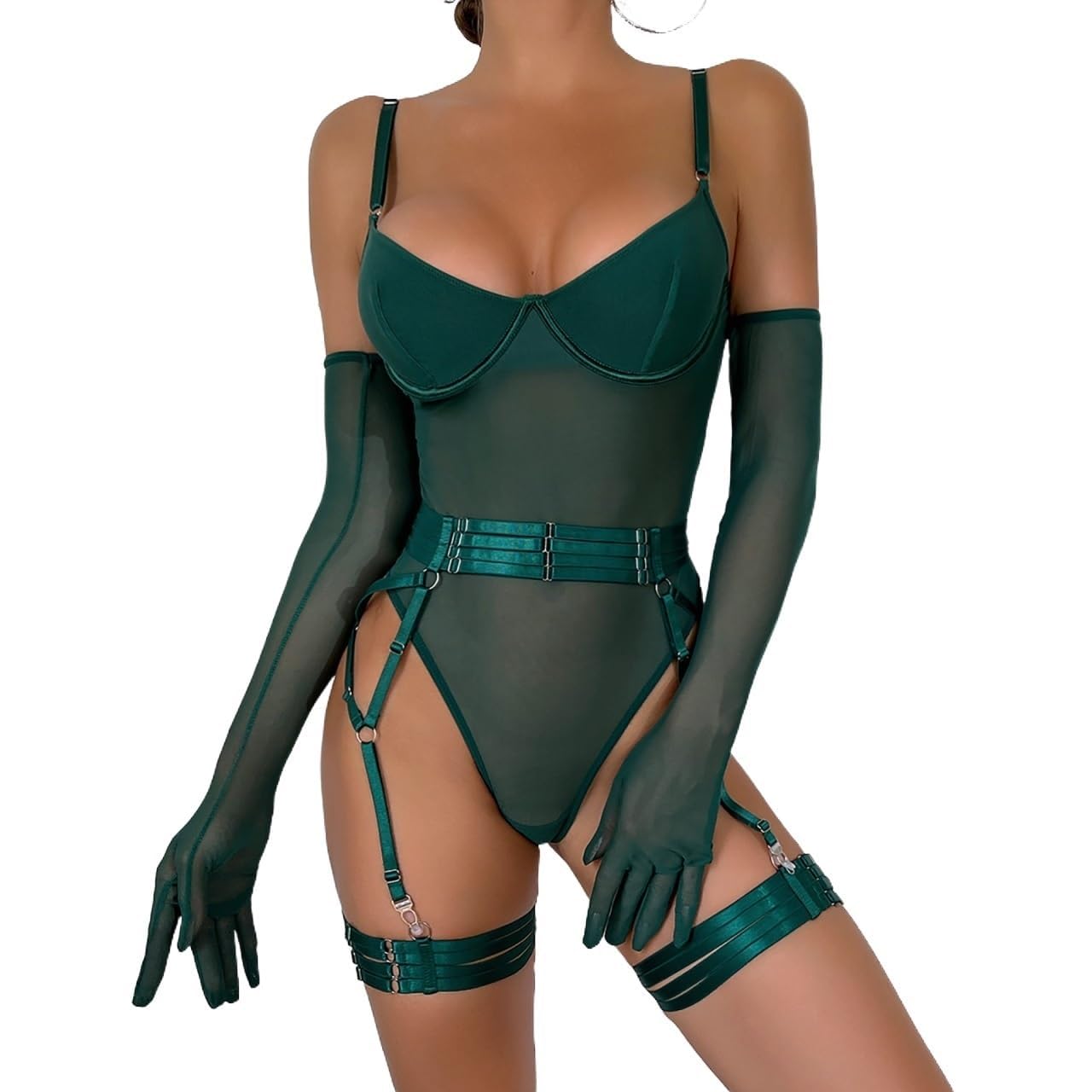 Women Lingerie Set Lace Teddy Strap Babydoll Bodysuit Lingerie with Gloves and Thigh Belts for Girl Women-image-35
