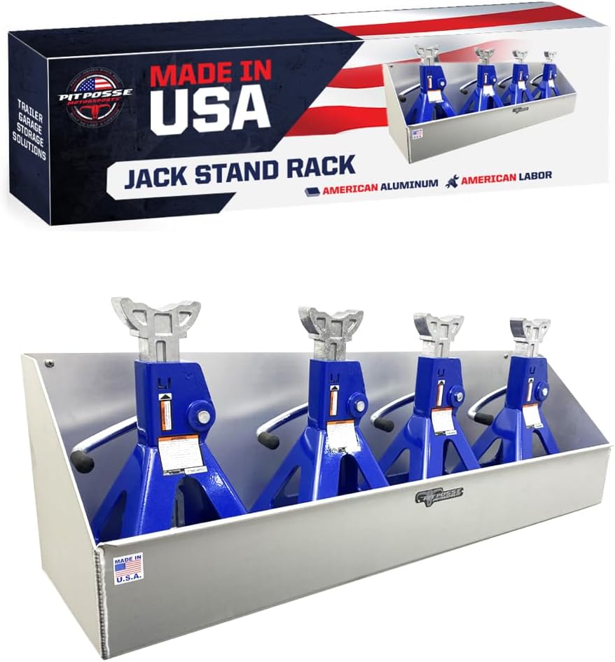 449 Jack Stand Rack Holder Shelf for Trailer Garage - Made in USA - Aluminum Storage Enclosed Race Car Trailer Garage Shop Accessory Organizer Holds up to 4 Jack Stands 34 x 9 x 10 (Silver)