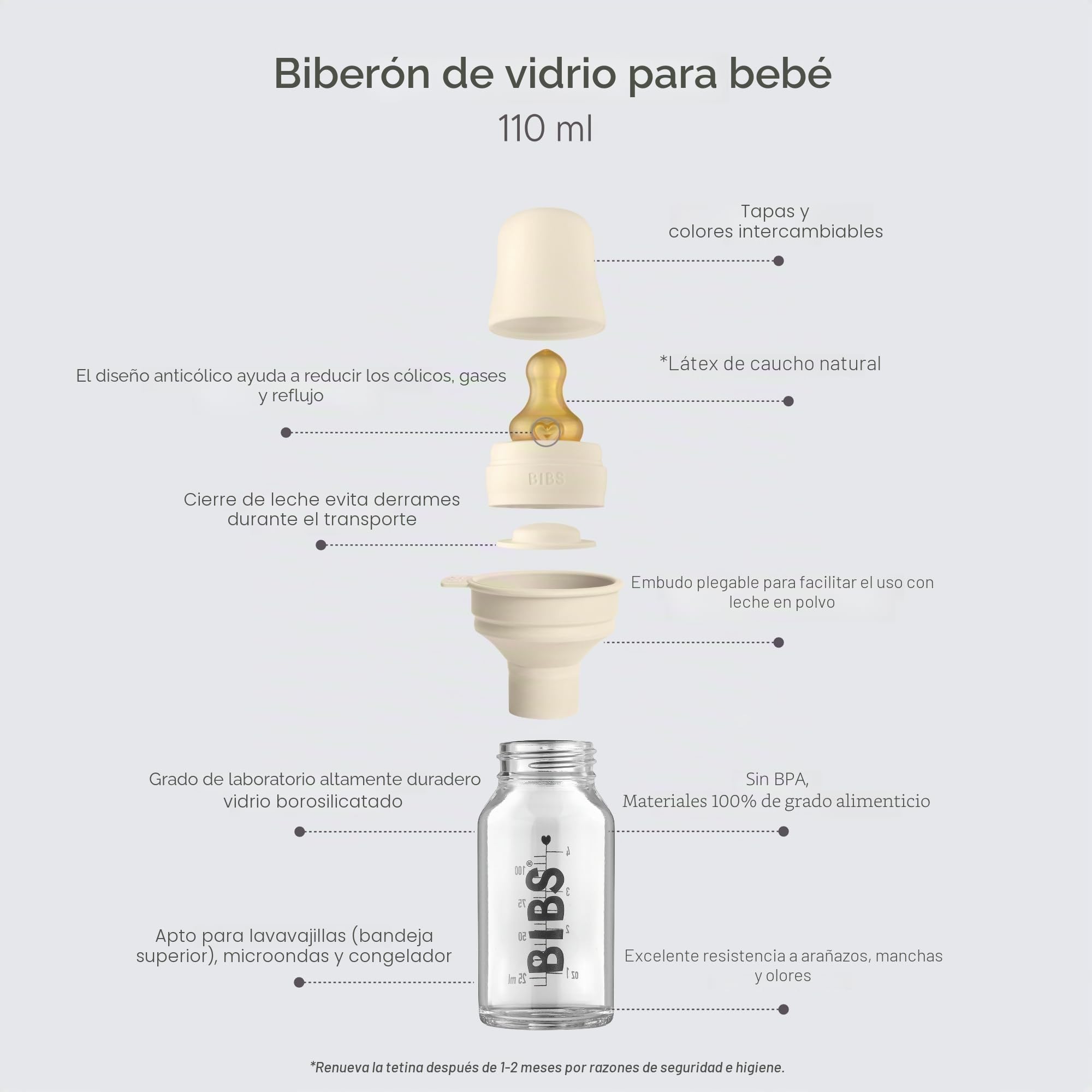 BIBS Baby Glass Bottle. Anticólicos. Tetina redonda de látex de caucho natural. Favorece la lactancia natural, 110 ml, Mauve