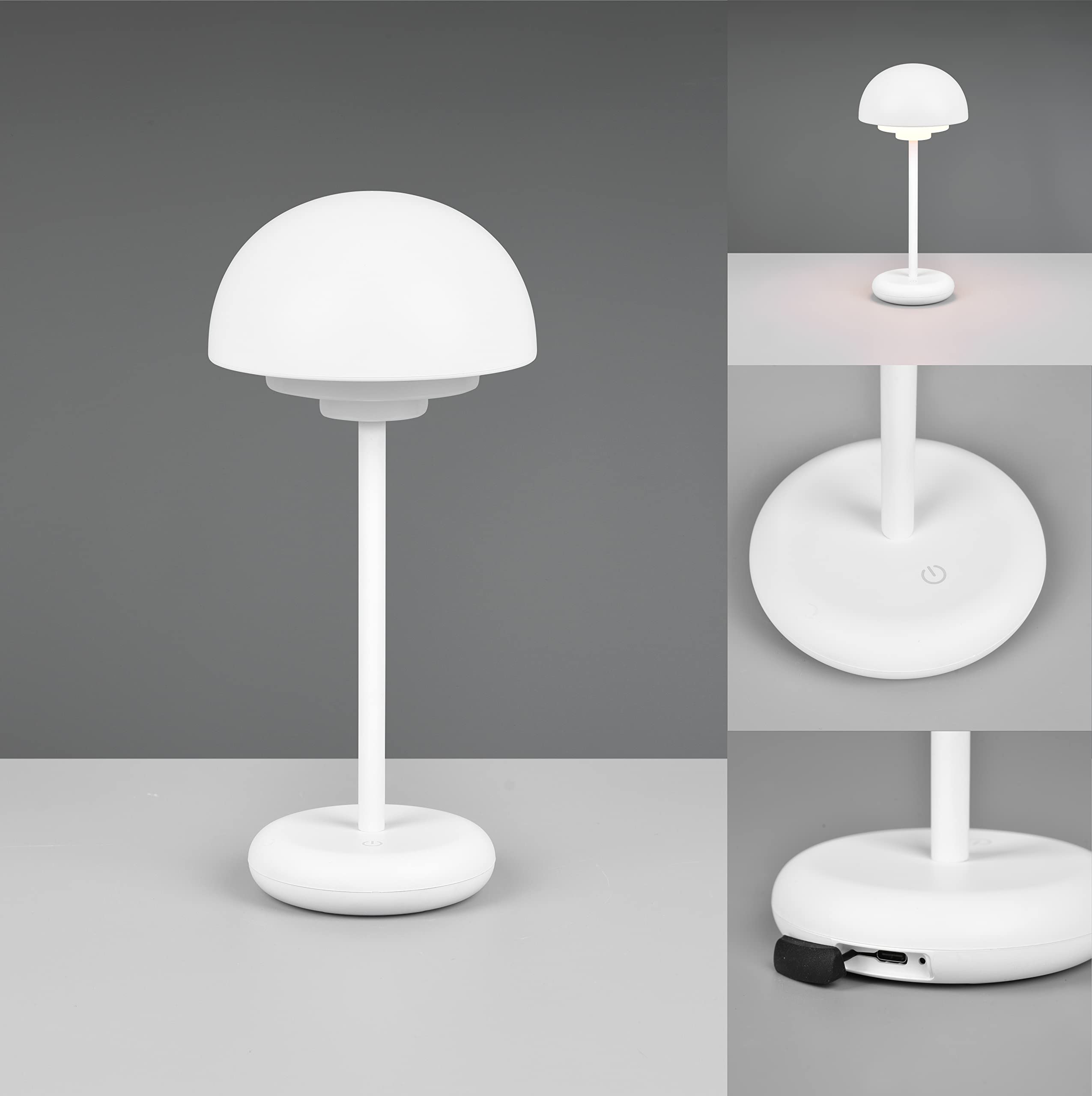 Reality, Sobremesa, Elliot incl. 1 x LED,SMD,2,0 Watt,3000K,180 Lm. Cuerpo: Plástico, estera blanca Ø:13,5cm, A:30,0cm Función Táctil 4 nivel,Funcionamiento de la batería,IP44,